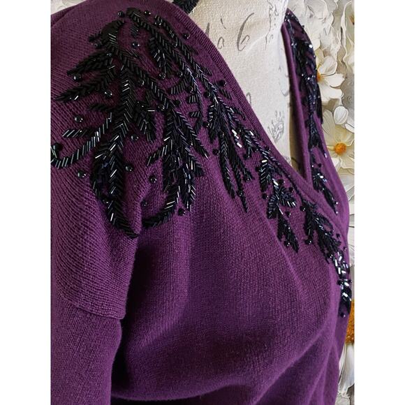 I.B. Diffusion Plum Beaded Wrap Sweater M Dressy Evening Knit Top - Picture 5 of 8